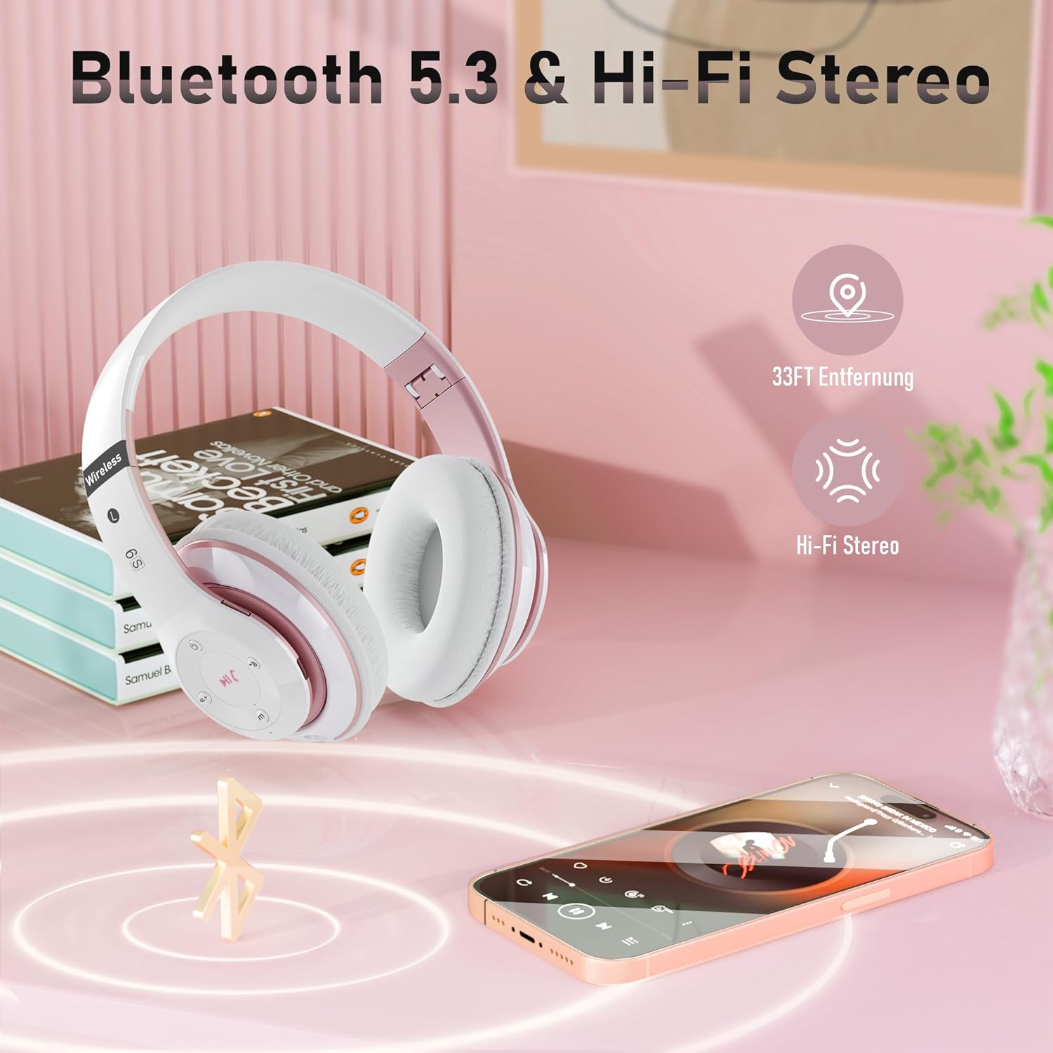 Безжични слушалки Lankey S9 Sound Wireless Bluetooth Over-Ear Headphones White Rose Gold - Image 2