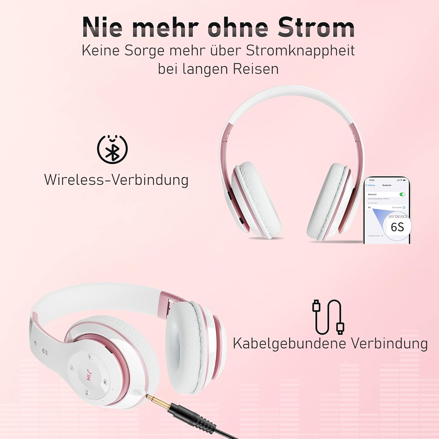Безжични слушалки Lankey S9 Sound Wireless Bluetooth Over-Ear Headphones White Rose Gold - Image 4