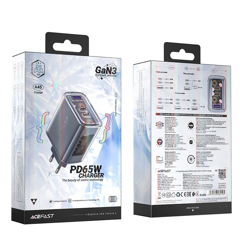 Зарядно за 220V Acefast A45 PD65W GaN 2xUSB-C + USB-A Mica Grey - Image 3