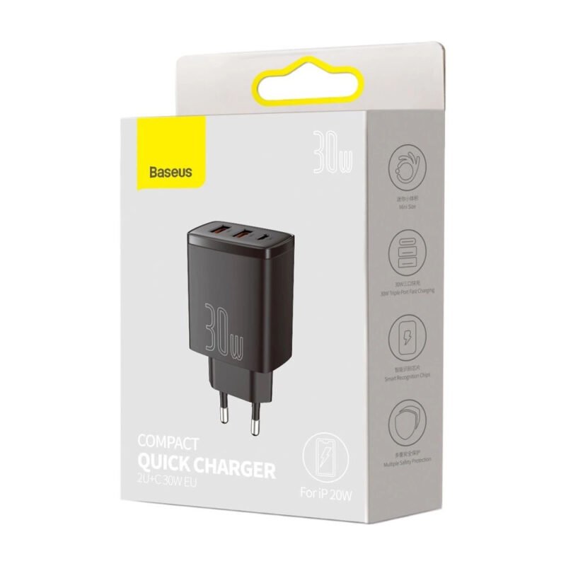 Зарядно за 220V Baseus Compact Fast Charger USB - USB Type C 20W 3A Черно