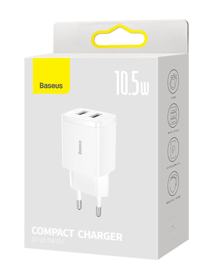 Зарядно за 220V Baseus Compact Quick Dual-Port Charger 10.5W 2 x USB Type-A Бяло