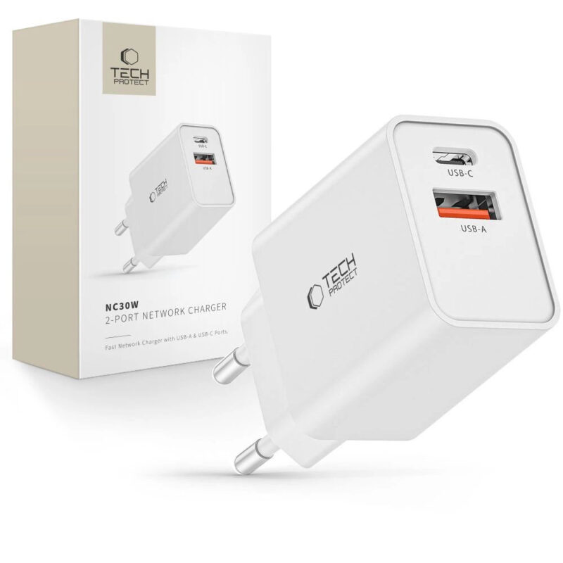 Зарядно за 220V Tech-Protect NC30W 30W USB-C PD - USB-A QC Бяло