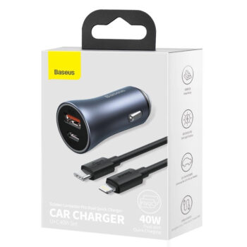 Зарядно за кола Baseus Golden Contactor Pro Fast Car Charger USB Type C - USB 40 W + USB Type C Gray Кабел