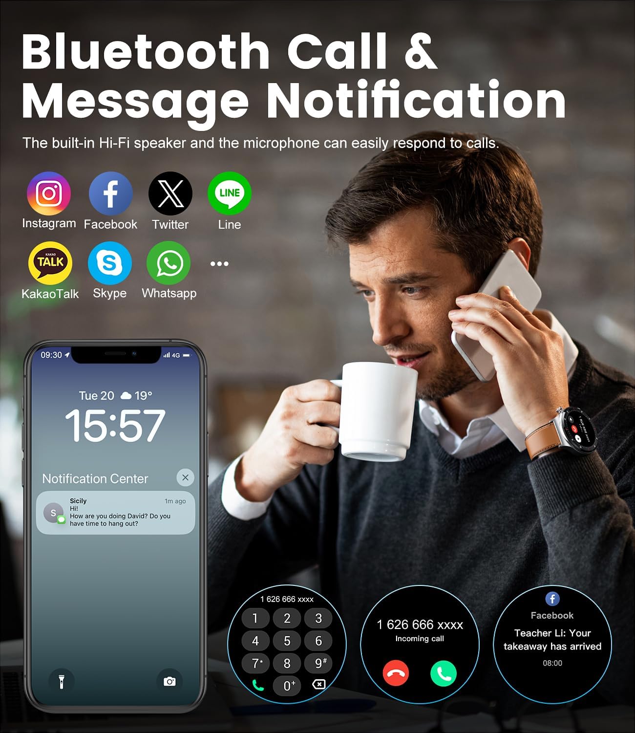 Смарт часовник LIGE Men’s Smart Watch 1,43 Amoled Phone Function Brown Leather