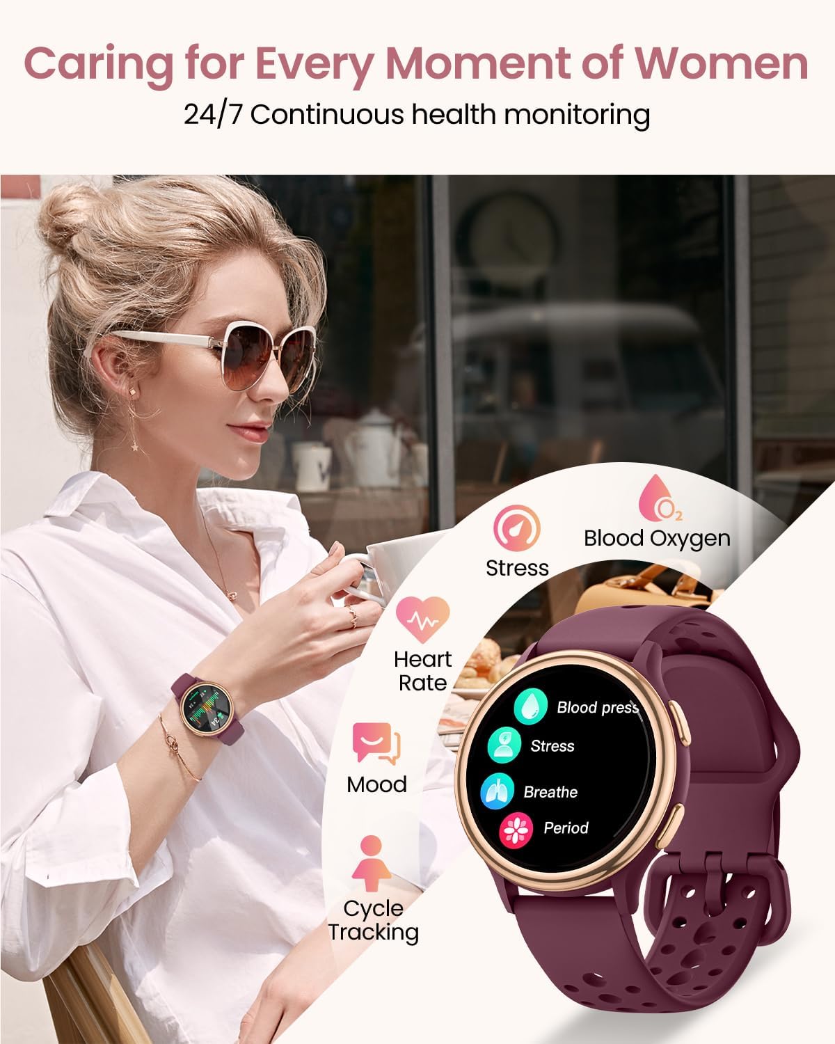 Дамски смарт часовник AIMIUVEI Women's Smart Watch 1.27 Inch Phone Function Burgundy Red - Image 5