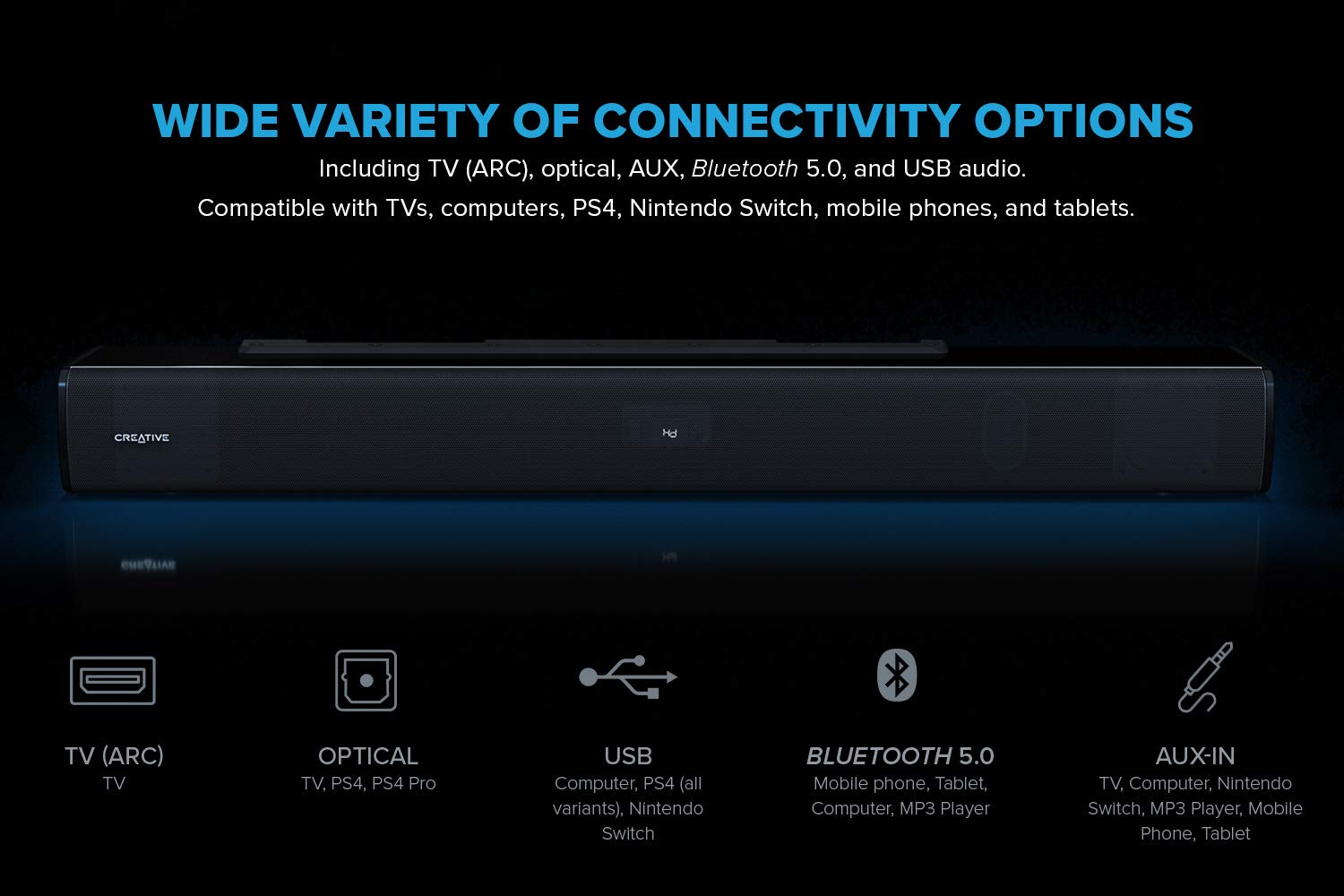 Саундбар за телевизор Creative Stage V2 2.1 Soundbar with Subwoofer Bluetooth 5.0, TV ARC, Optical & USB - Image 4