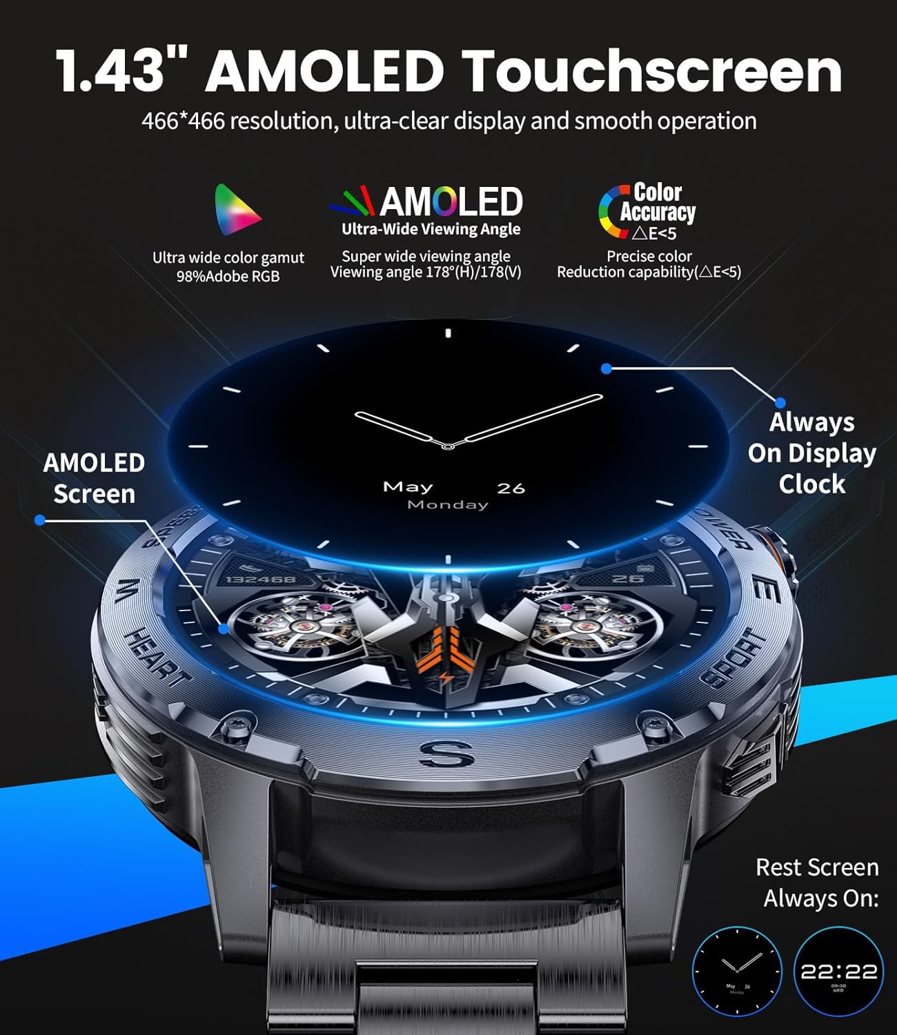 Смарт часовник DREMAC EF1 Smart Watch Men's Military 1.43 Inch Amoled - Image 4