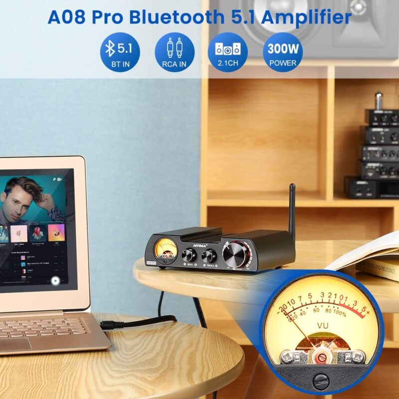 Aiyima A08Pro Amplificatore Stereo 2.0/2.1 – TPA3255, Bluetooth 5.1, 300W×2 (4Ω), Con VU Meter - 2