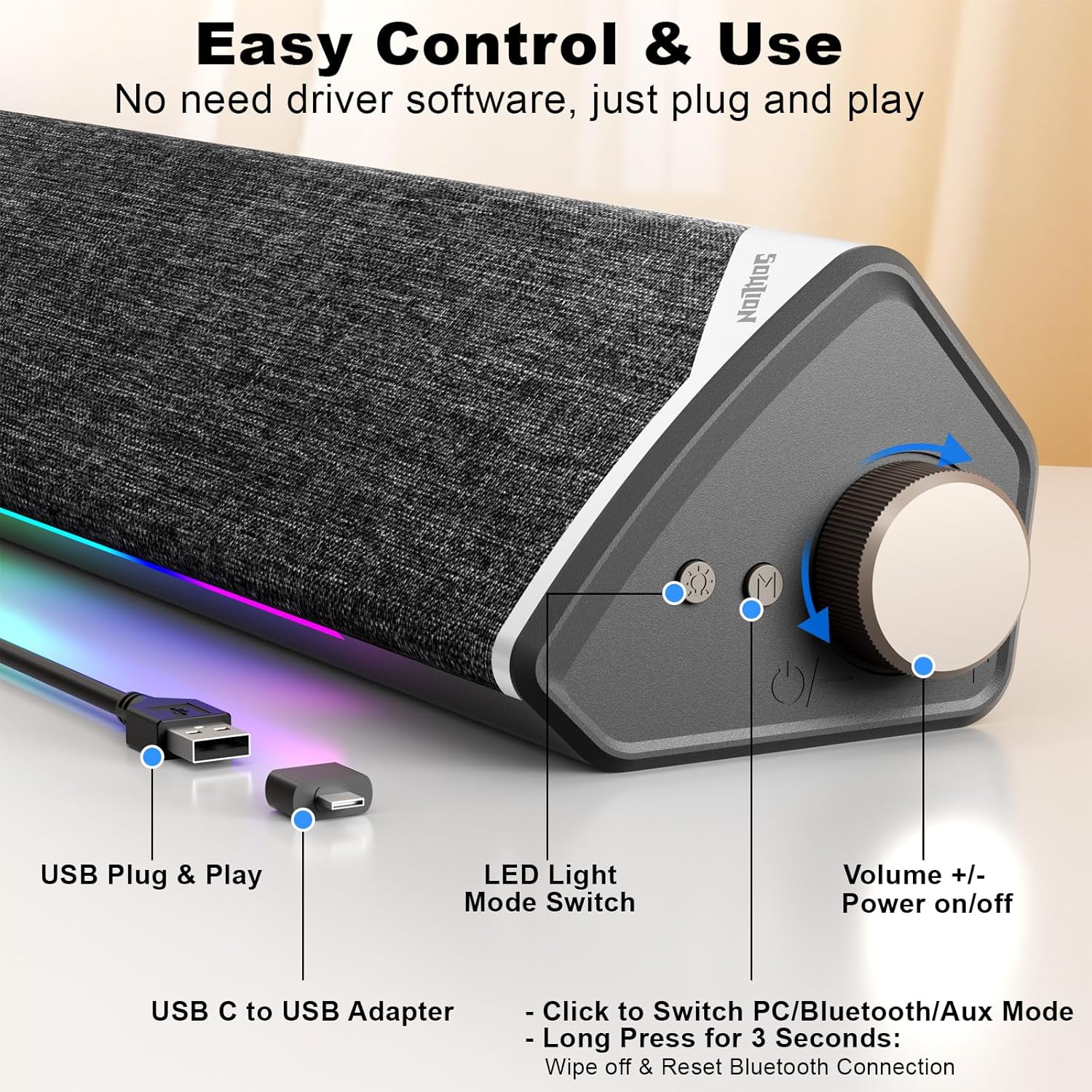 Саундбар за компютър SOULION R60 PC Soundbar Bluetooth & USB - Image 3