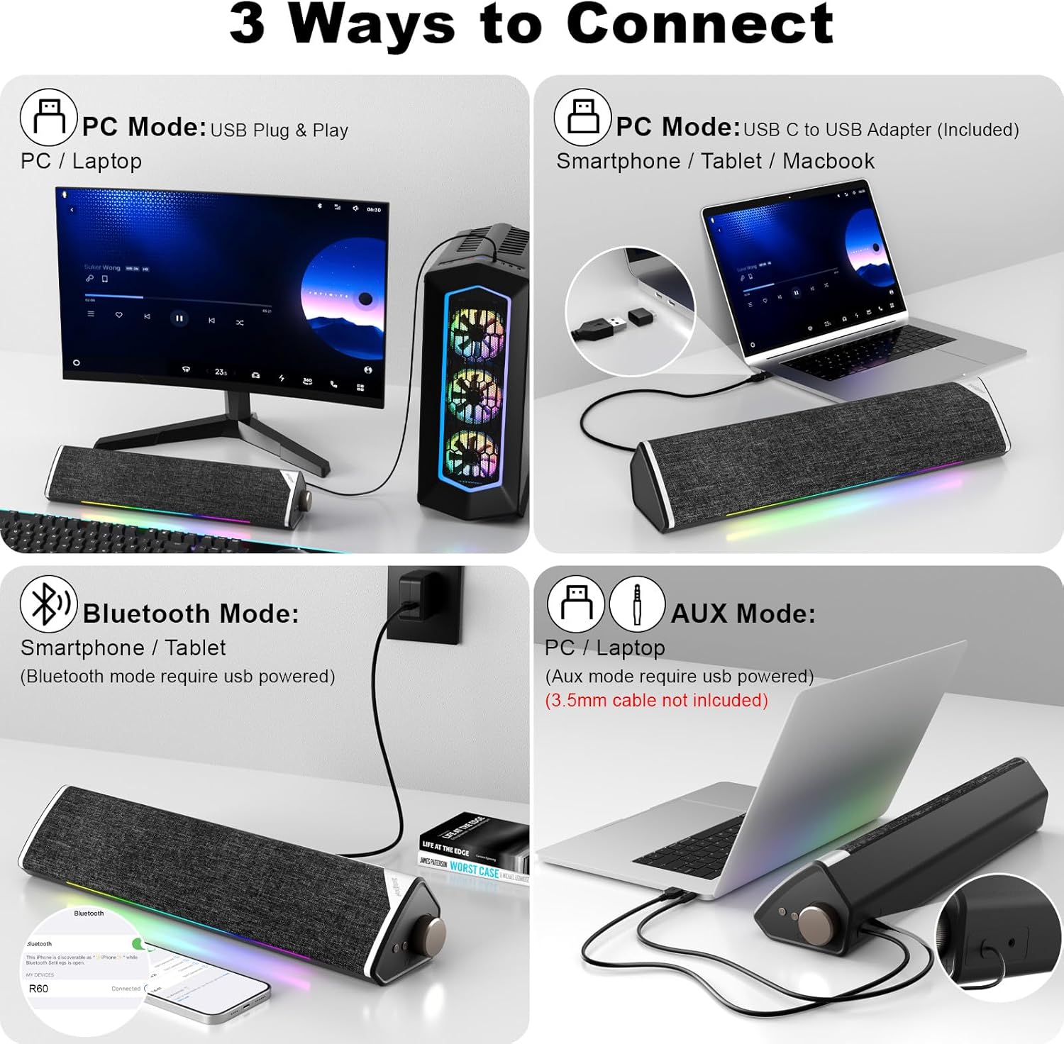 Саундбар за компютър SOULION R60 PC Soundbar Bluetooth & USB - Image 5