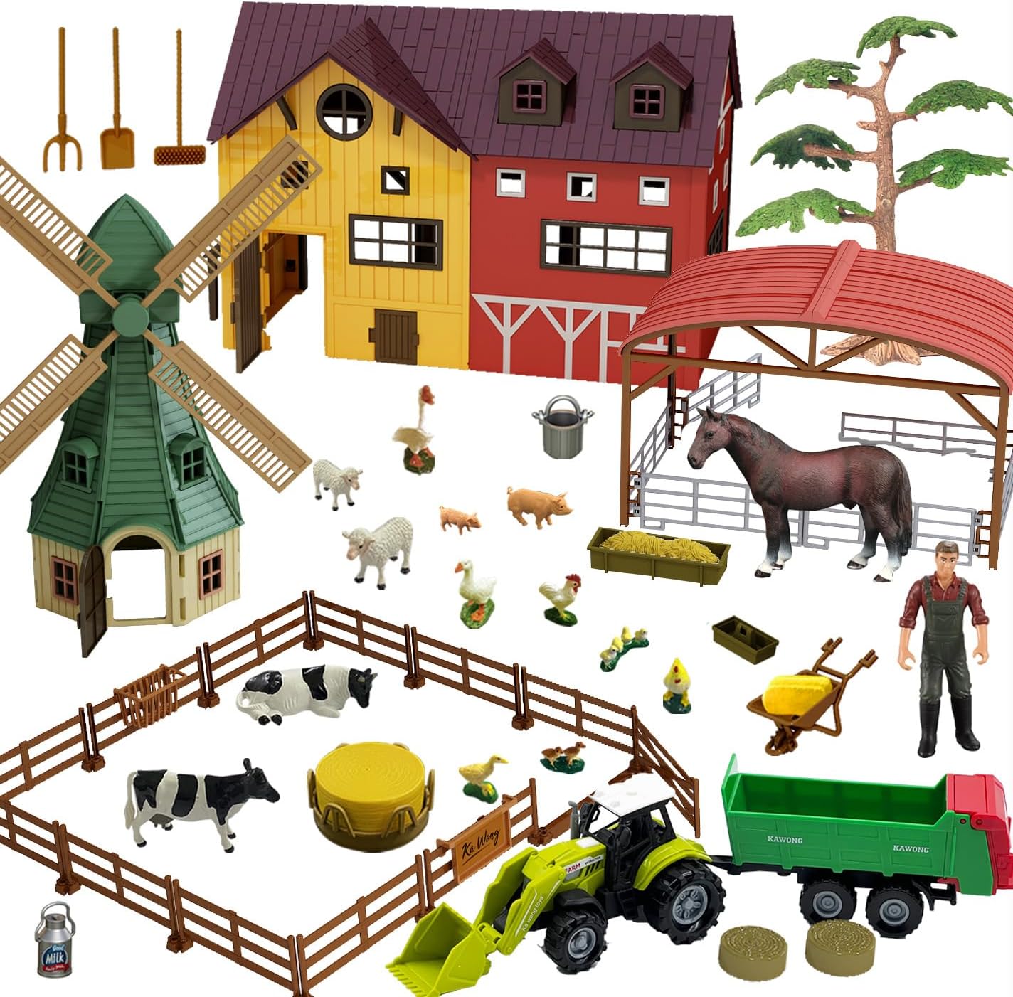 Hyrenee Комплект Вятърна мелница и играчки животни във ферма