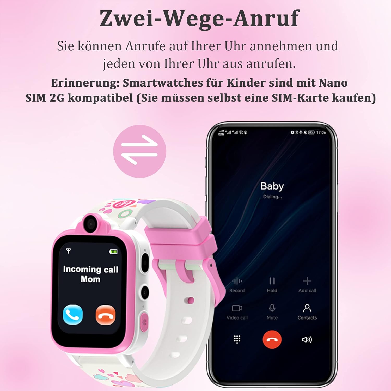 Детски смарт часовник Baolubao 2G Smart Watch Call Function SOS Camera 1.69 Inch Display Pink - Image 2