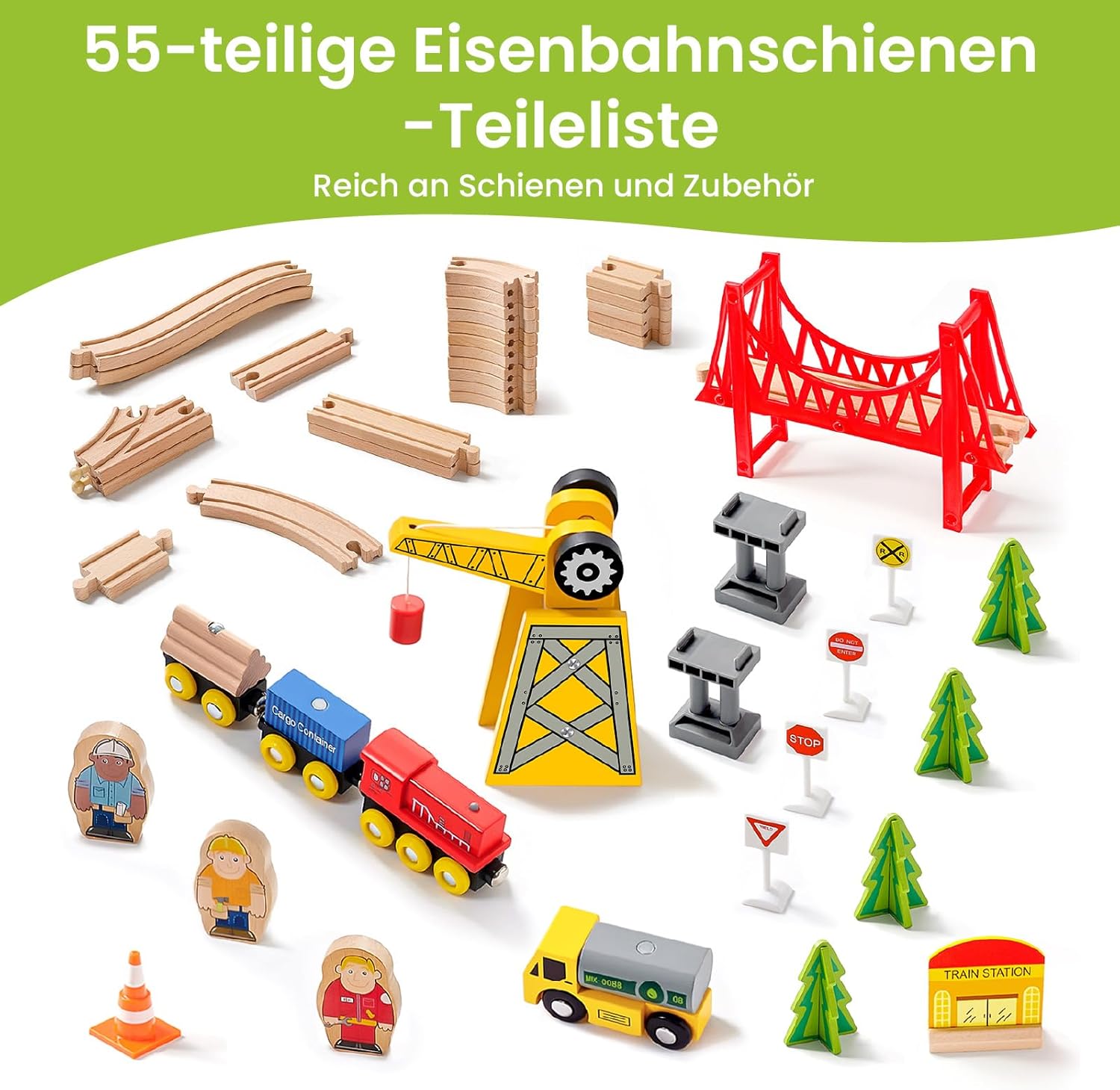 Tiny Land Дървен комплект влакчета от 55 части - Image 5