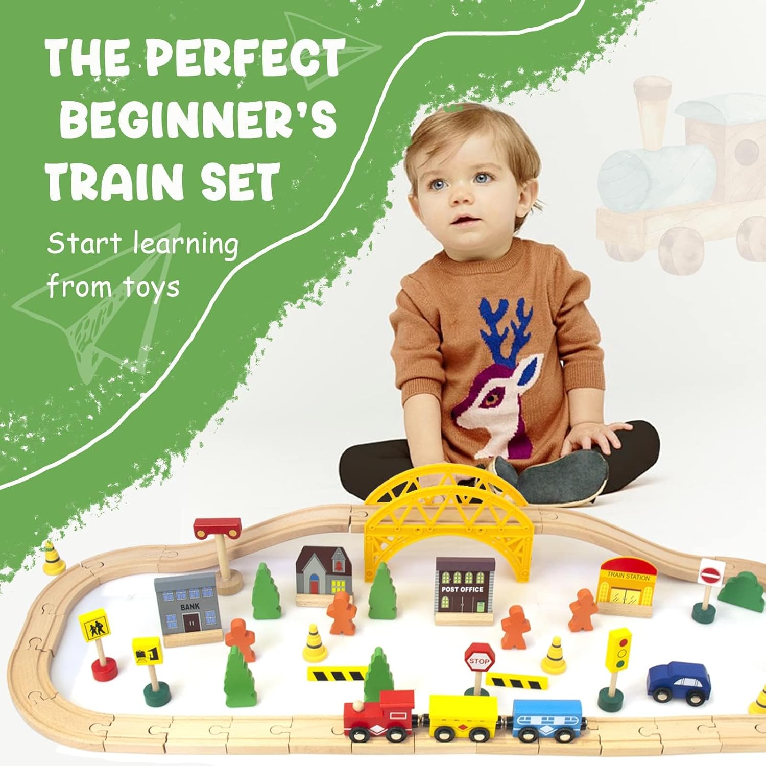 WOODENFUN Дървен комплект влакчета от 60 части - Image 4