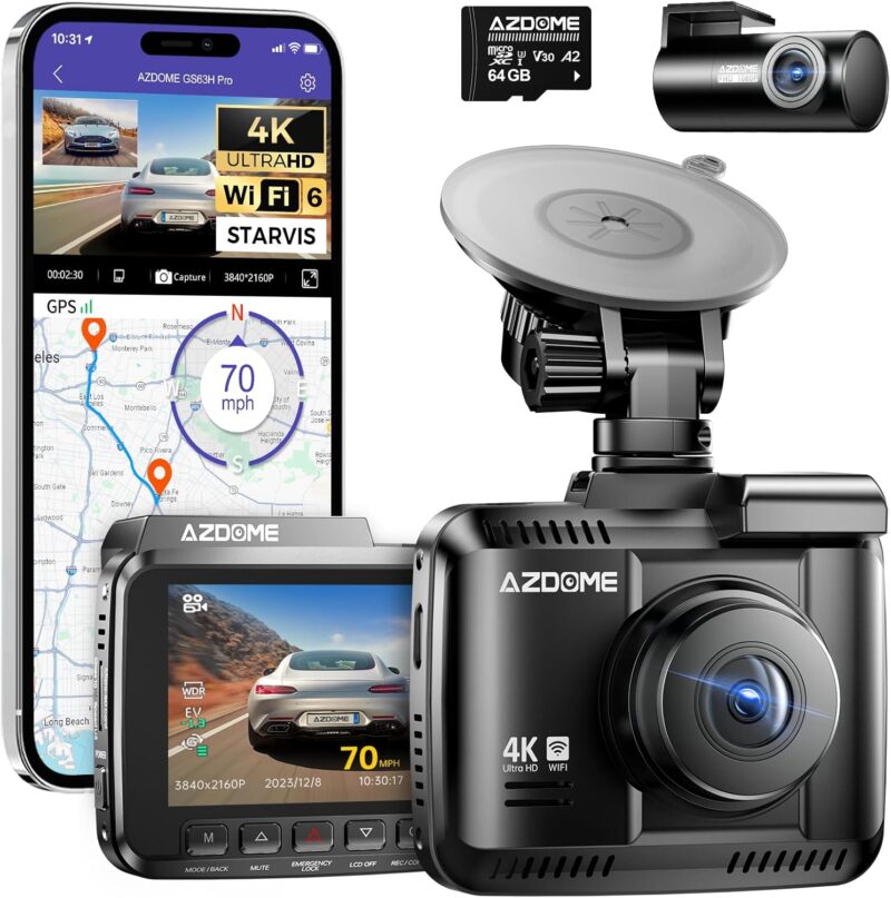 Видеорегистратор AZDOME GS63H Pro GPS 4K + 1080P WiFi Dash Cam 64GB SD