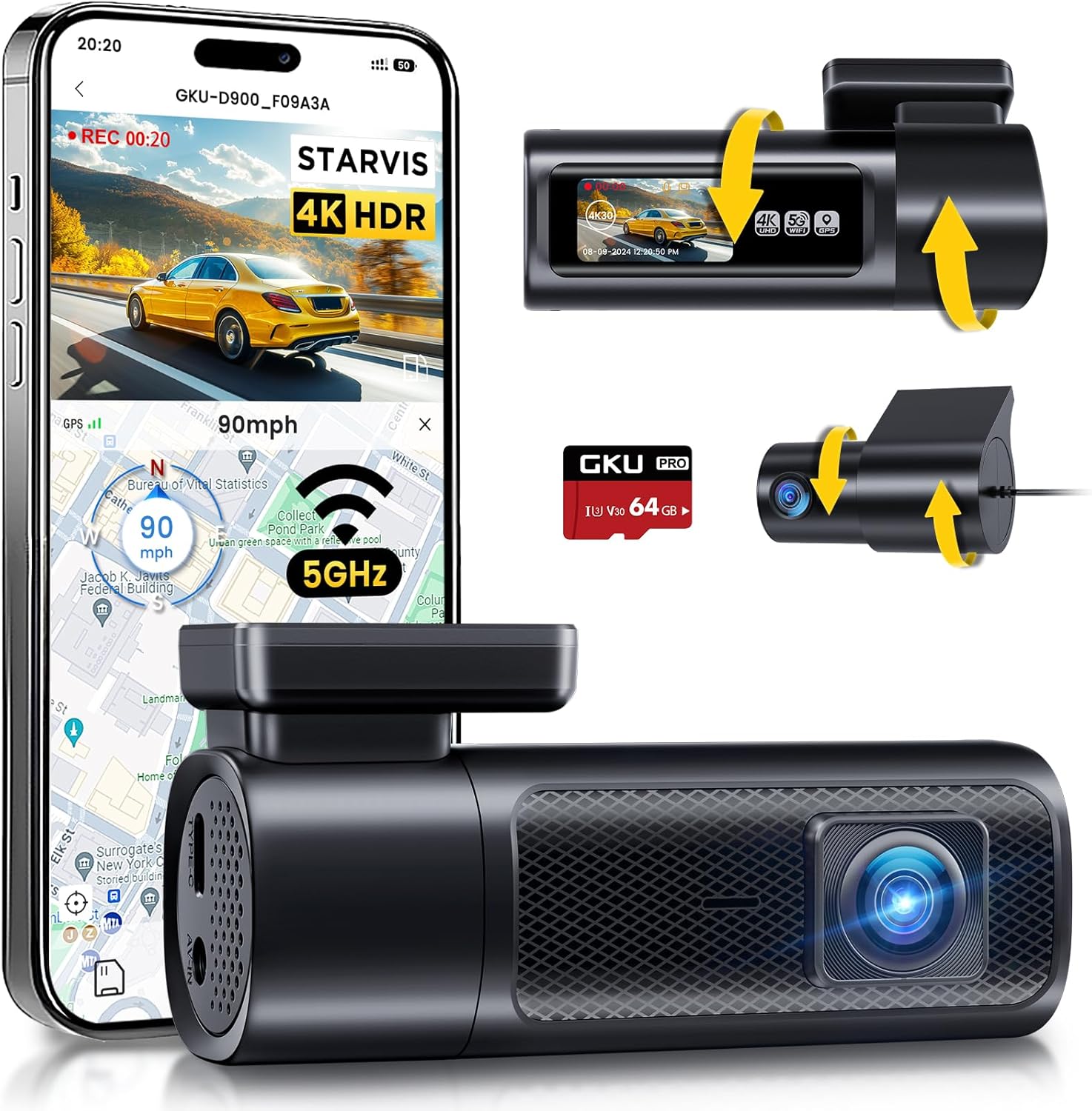 Видеорегистратор GKU D900 4K + 2.5K GPS WDR WiFi Dash Cam 64GB SD