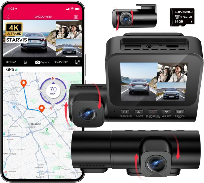 Видеорегистратор LINGDU V630 GPS 4K + 2 x 1080P 3 Channel WiFi Dash Cam