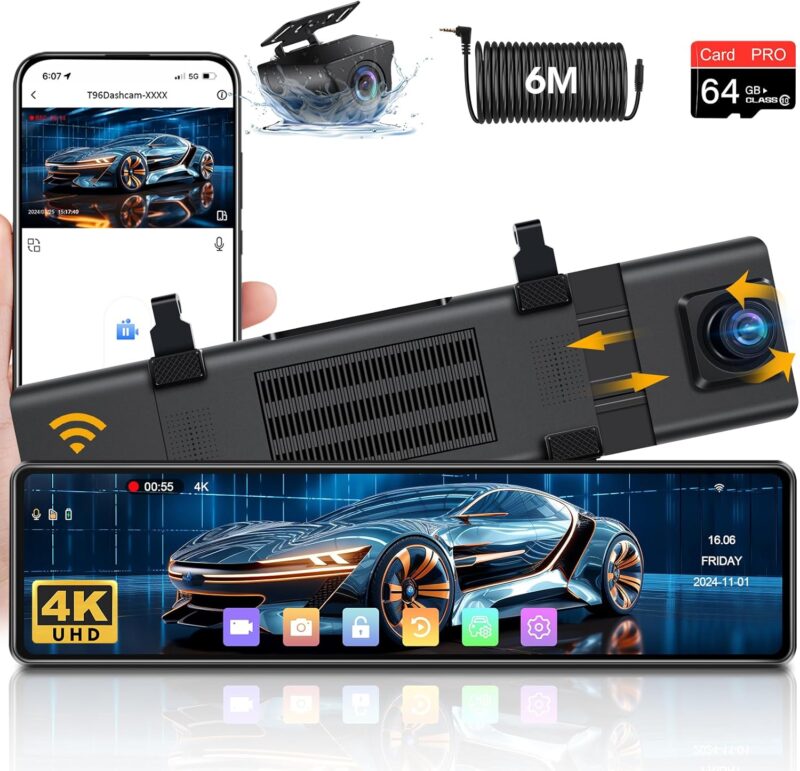 Видеорегистратор Огледало Airpuxem T96 4K WiFi Dash Cam 64GB SD