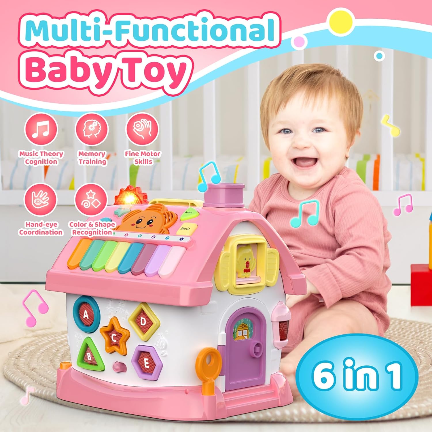 Naxudcoo - Бебешка играчка Многофункционална къща с музика Pink - Image 2