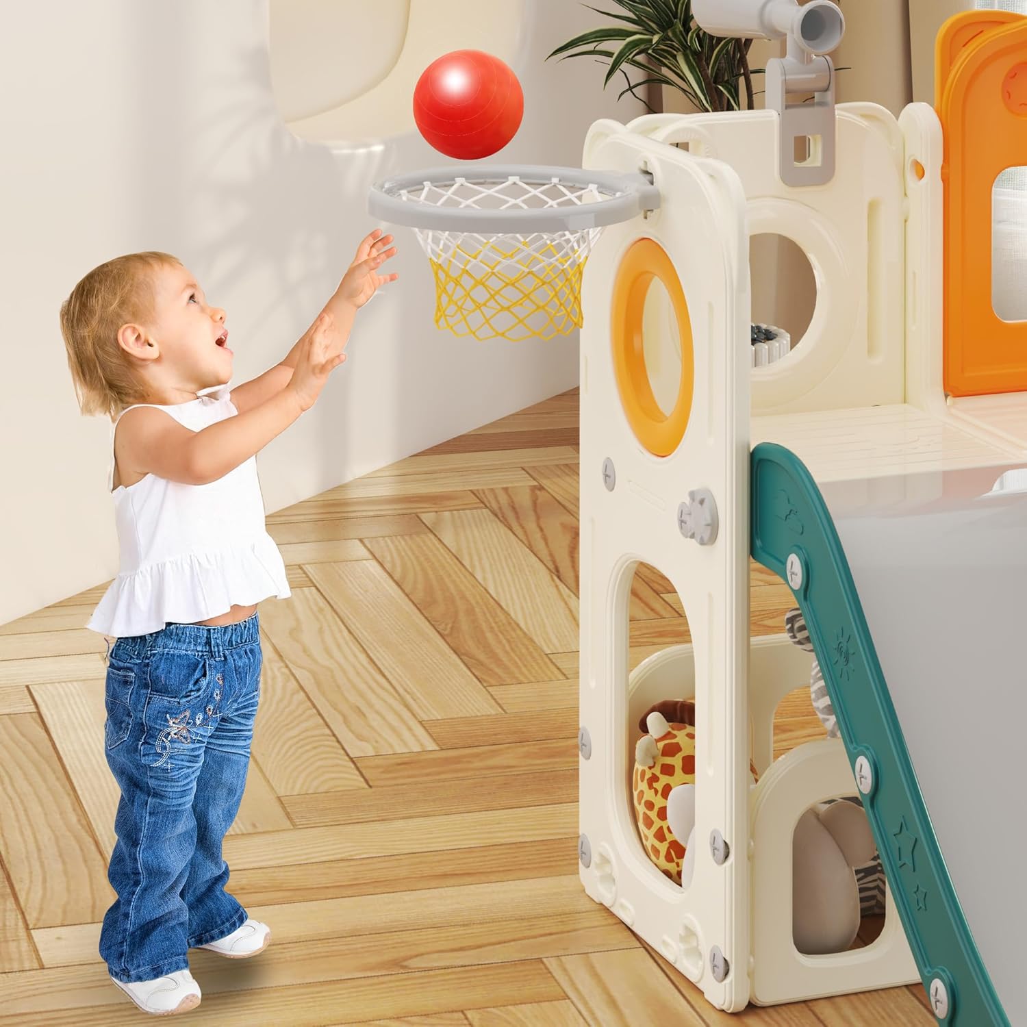 hoopyosms - Детска пързалка с катерушка, баскетболен кош и тунел - Image 6