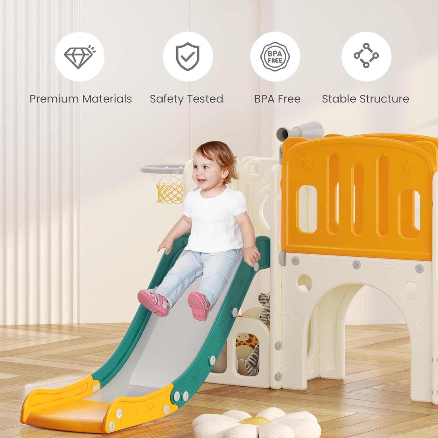 hoopyosms - Детска пързалка с катерушка, баскетболен кош и тунел - Image 8