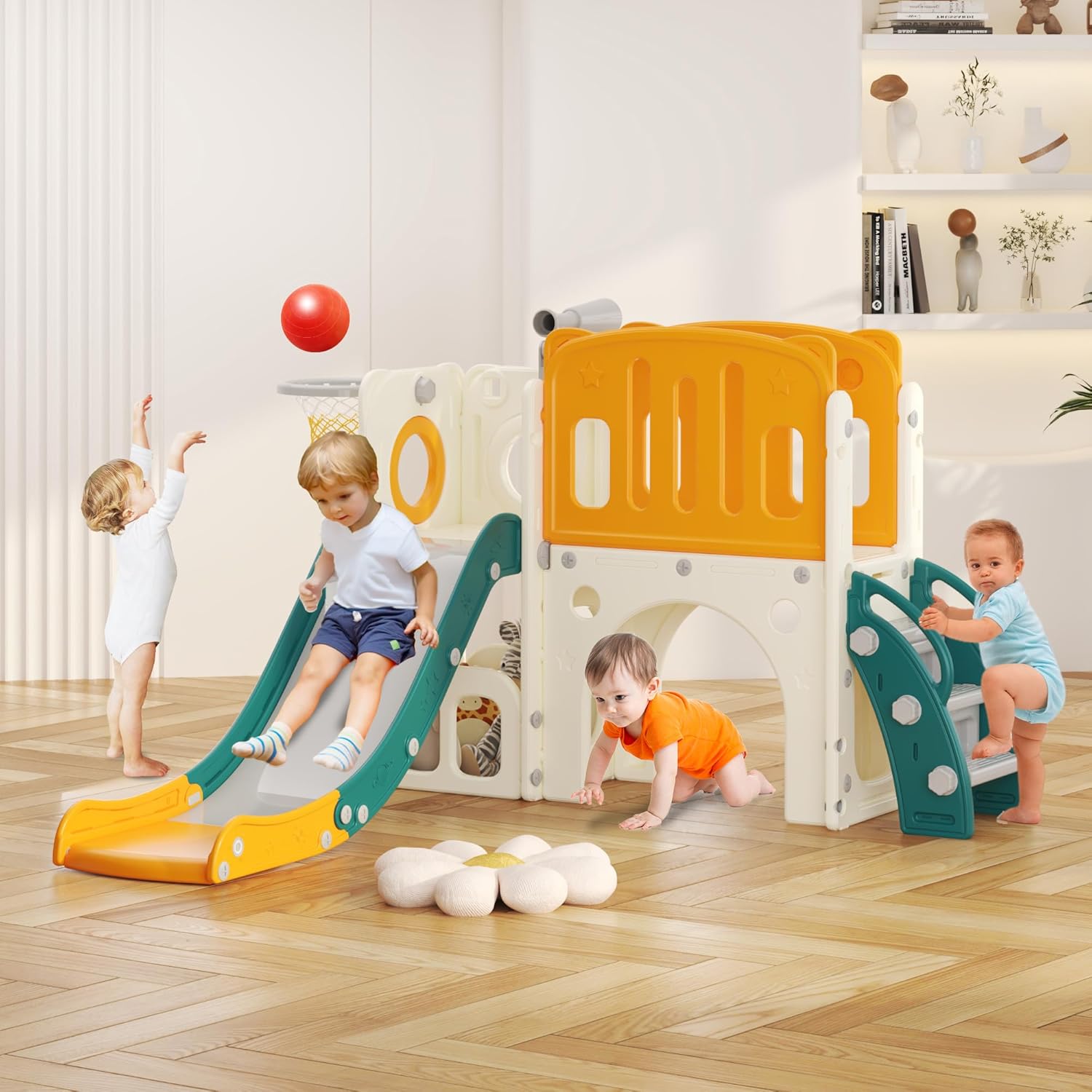 hoopyosms - Детска пързалка с катерушка, баскетболен кош и тунел - Image 9