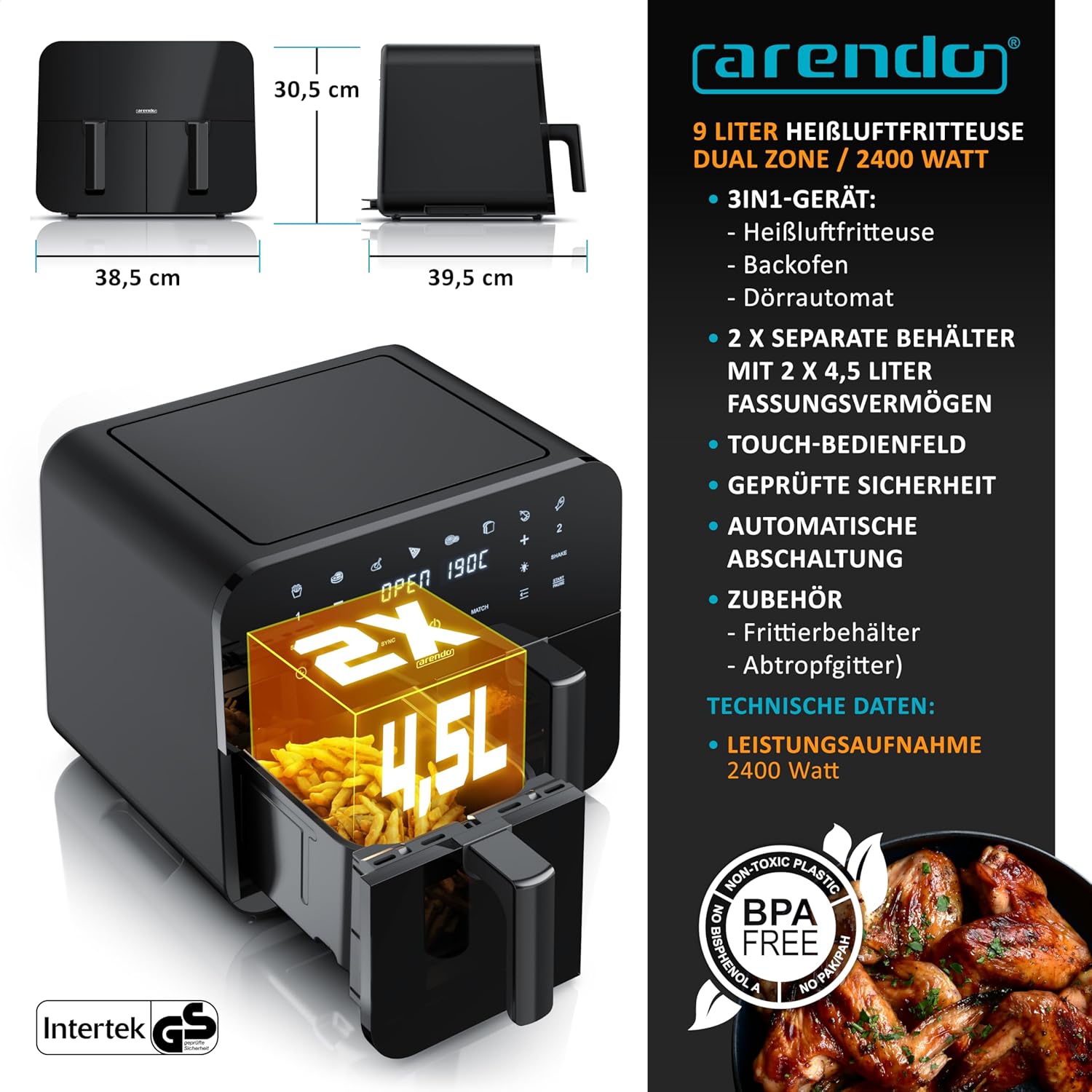 Еър Фрайър Arendo 3D Air Circulation Dual Zone Hot Air Fryer 9L - Image 2
