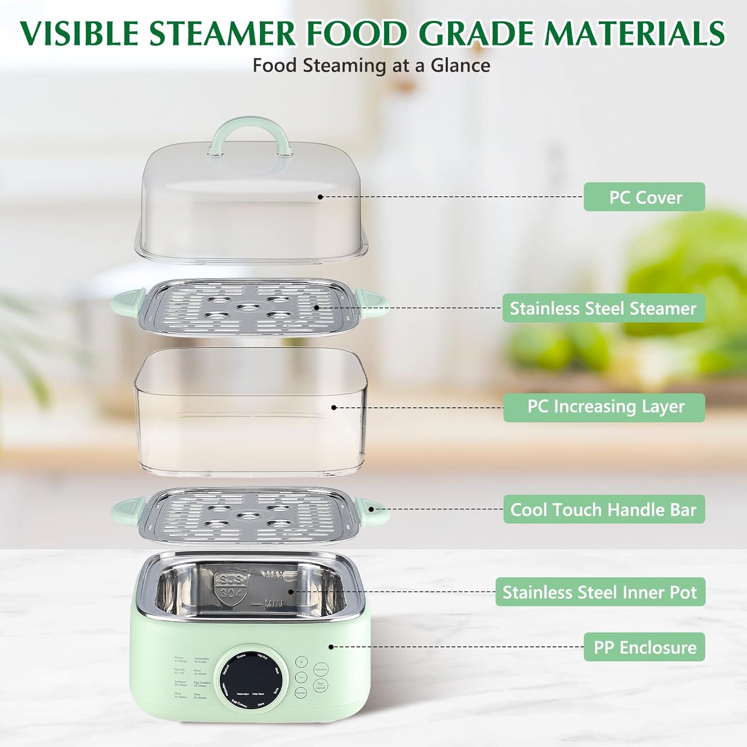 Уред за готвене на пара Skyehomo Electric Steamer PC 1000W 9.3L - Image 2