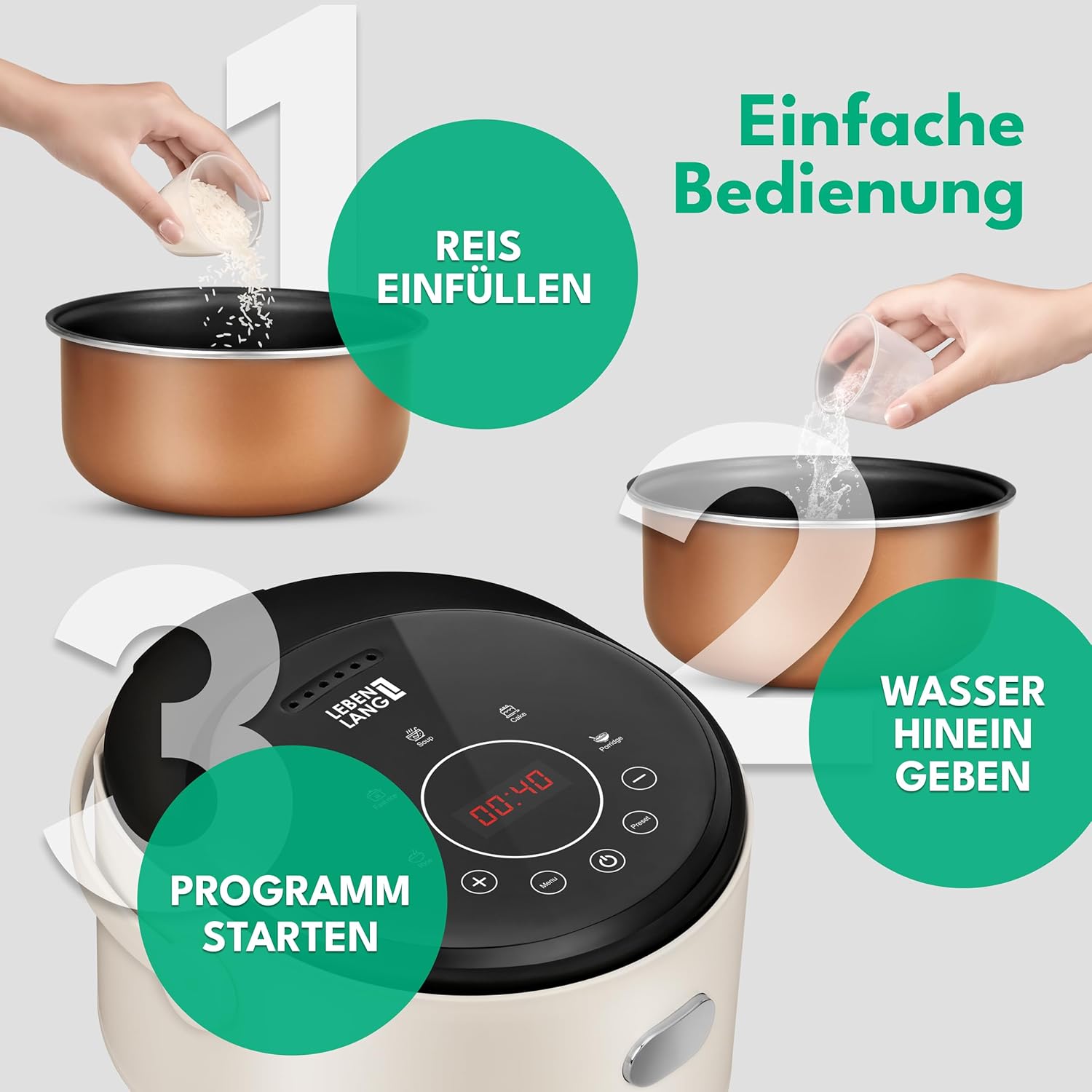 Уред за приготвяне на ориз LEBENLANG Rice Cooker 0.8L Beige - Image 4