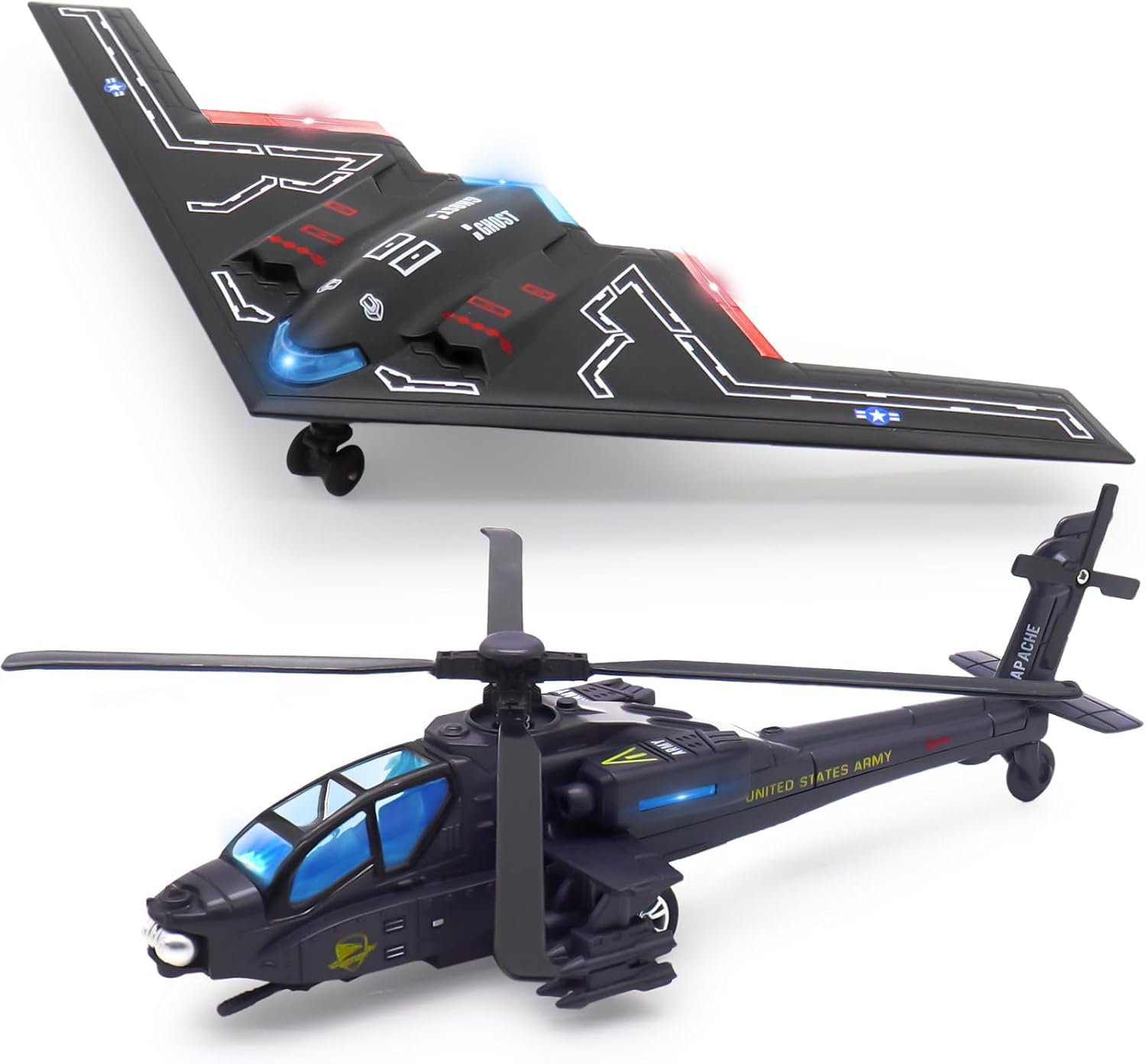 fisca - Игрален комплект Военни самолети със звук и светлина B2 Black + AH-64 Apache