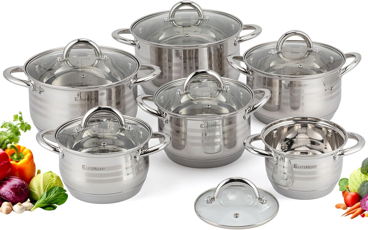 EliteHoff Stainless – Комплект от 6 Тенджери неръждаема стомана 5-слоен