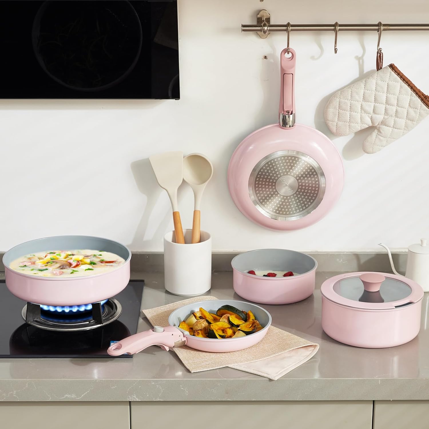 Florosa – Комплект от 5 съдове за готвене с подвижна дръжка Ceramic Pink - Image 2