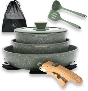 Kitchen Academy – Комплект от 3 тигани с подвижна дръжка Зелен
