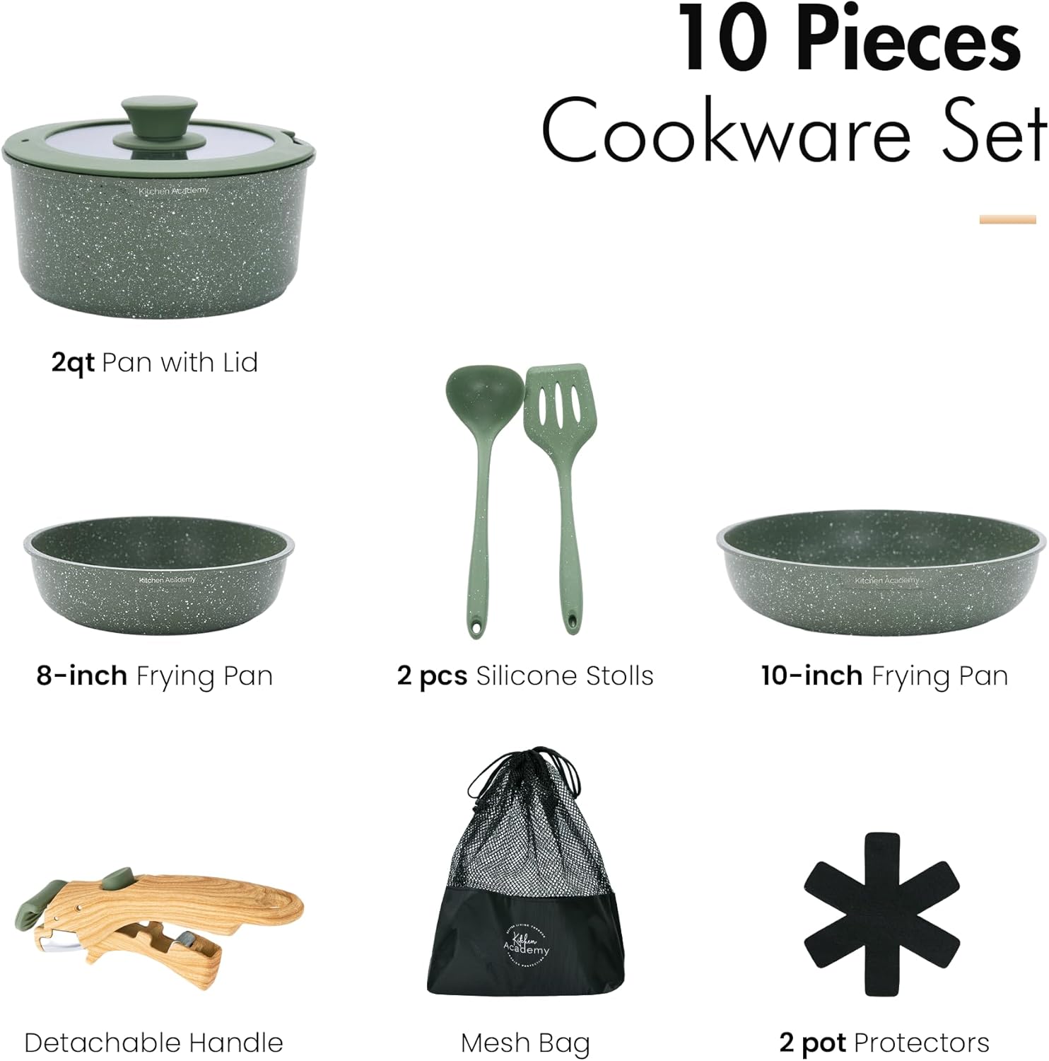 Kitchen Academy - Комплект от 3 тигани с подвижна дръжка Зелен - Image 7