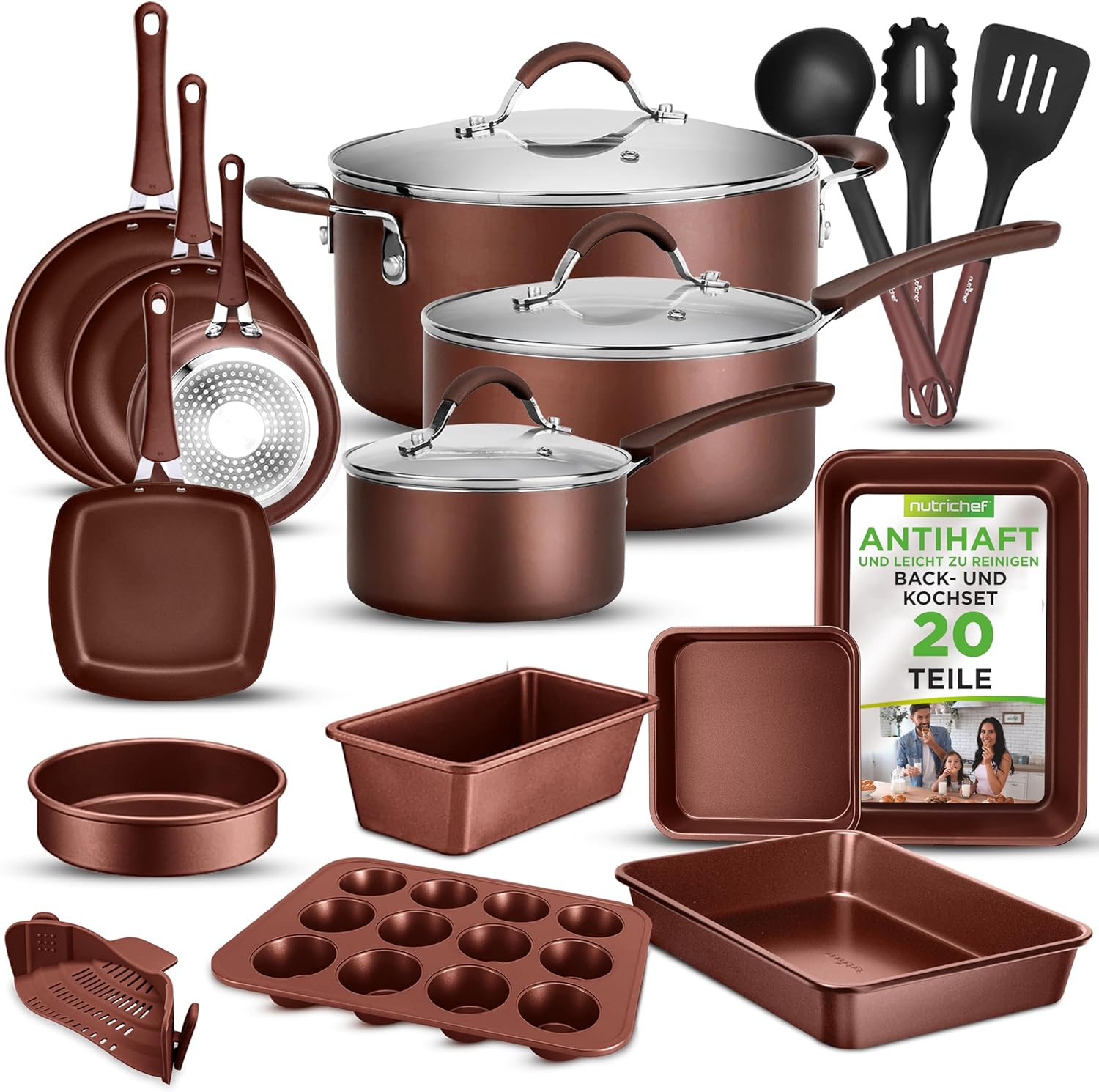 NutriChef Basic – Комплект от 20 съдове за готвене Кафяв