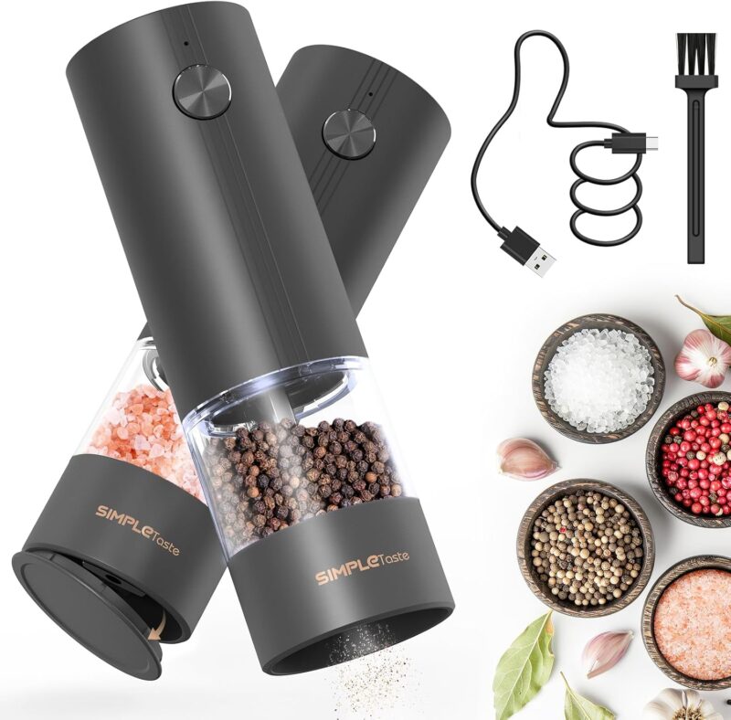 SIMPLETASTE – USB зареждане Комплект от 2 електрически мелнички за сол и черен пипер