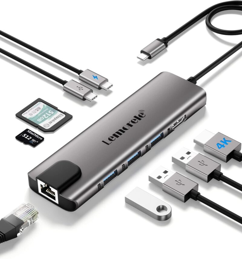 Докинг станция хъб Lemorele TC39 USB C Hub 9 в 1 Gigabit Ethernet HDMI 3 USB-A USB-C Data SD-TF