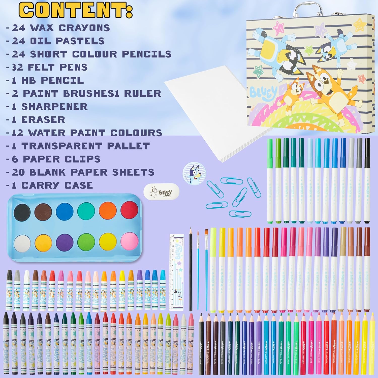 Bluey - Кутия за рисуване за деца с цветни моливи, пастели, акварелни бои - Image 5