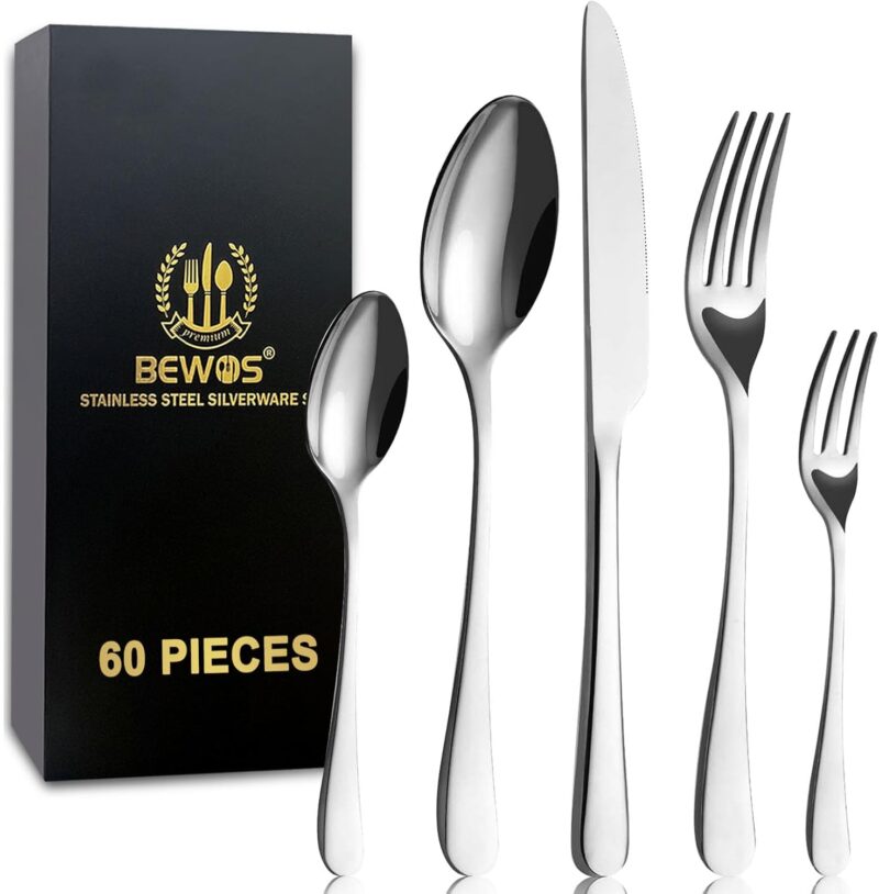 BEWOS - Комплект Неръждаема стомана прибори за хранене за 12 души - 60 части