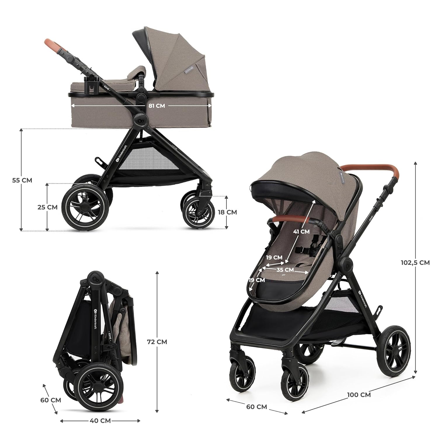 Комбинирана бебешка количка KinderKraft – ESME 3 в 1 22 кг размер 40-75 см Бежова - Image 3