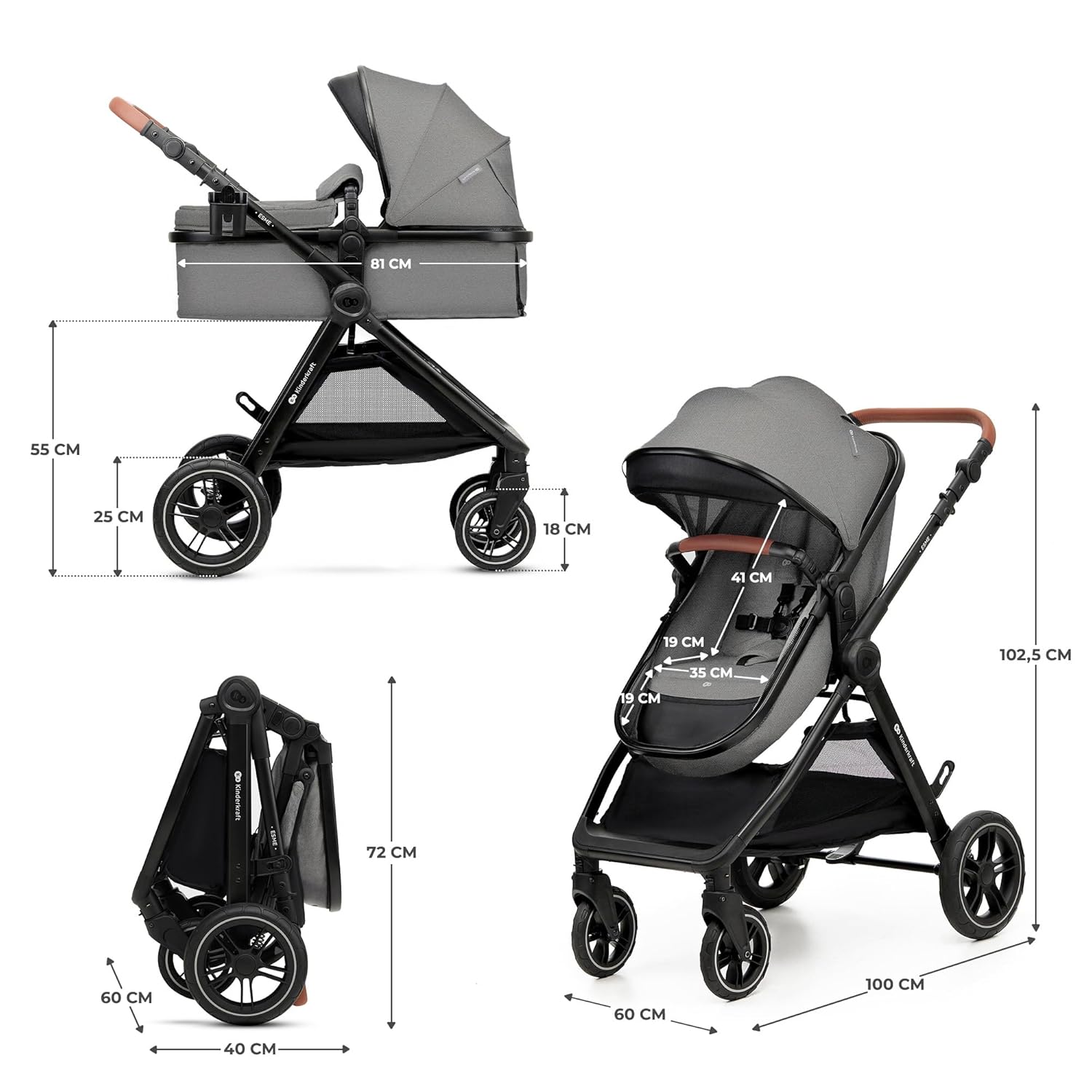 Комбинирана бебешка количка KinderKraft – ESME 3 в 1 22 кг размер 40-75 см Сива - Image 3