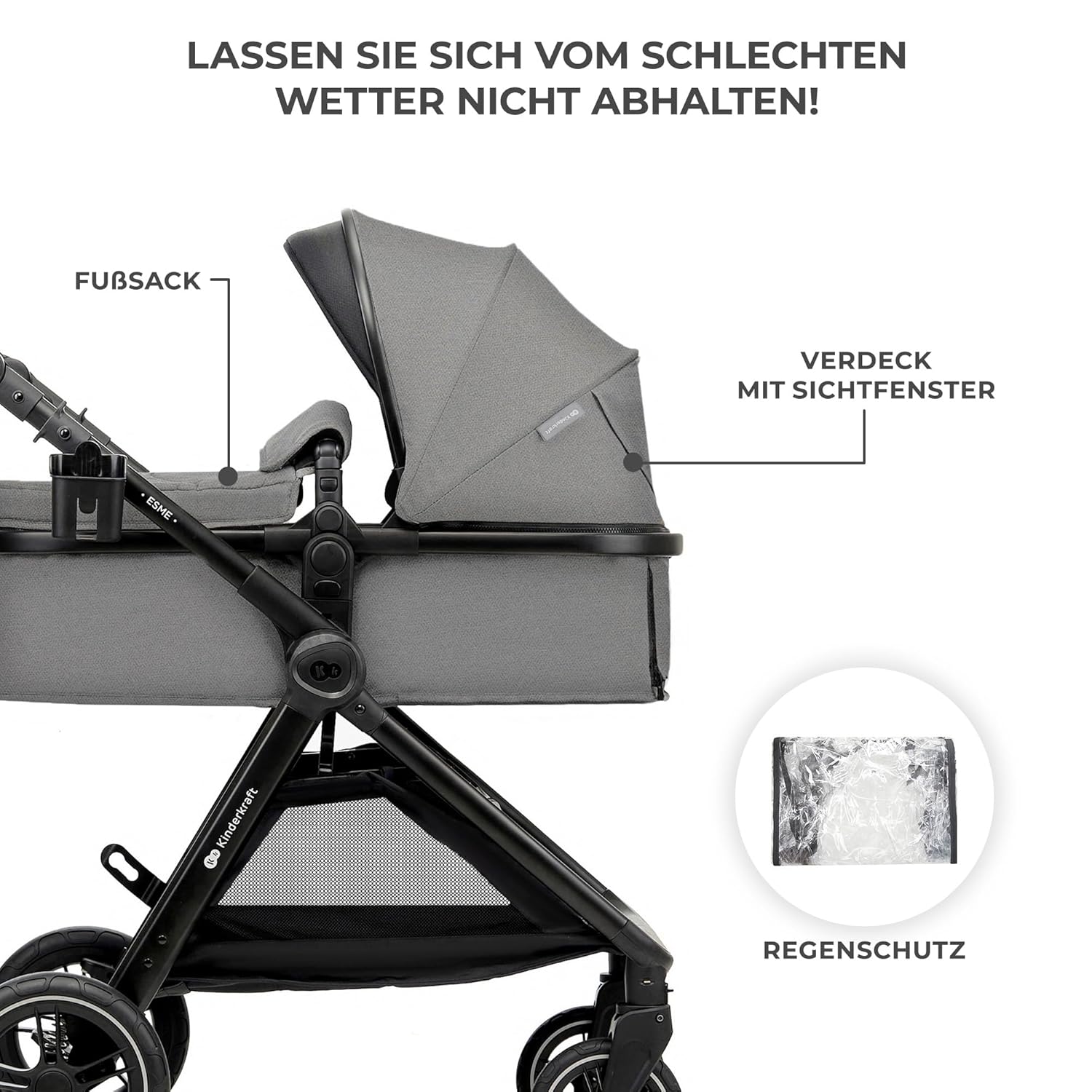 Комбинирана бебешка количка KinderKraft – ESME 3 в 1 22 кг размер 40-75 см Сива - Image 9