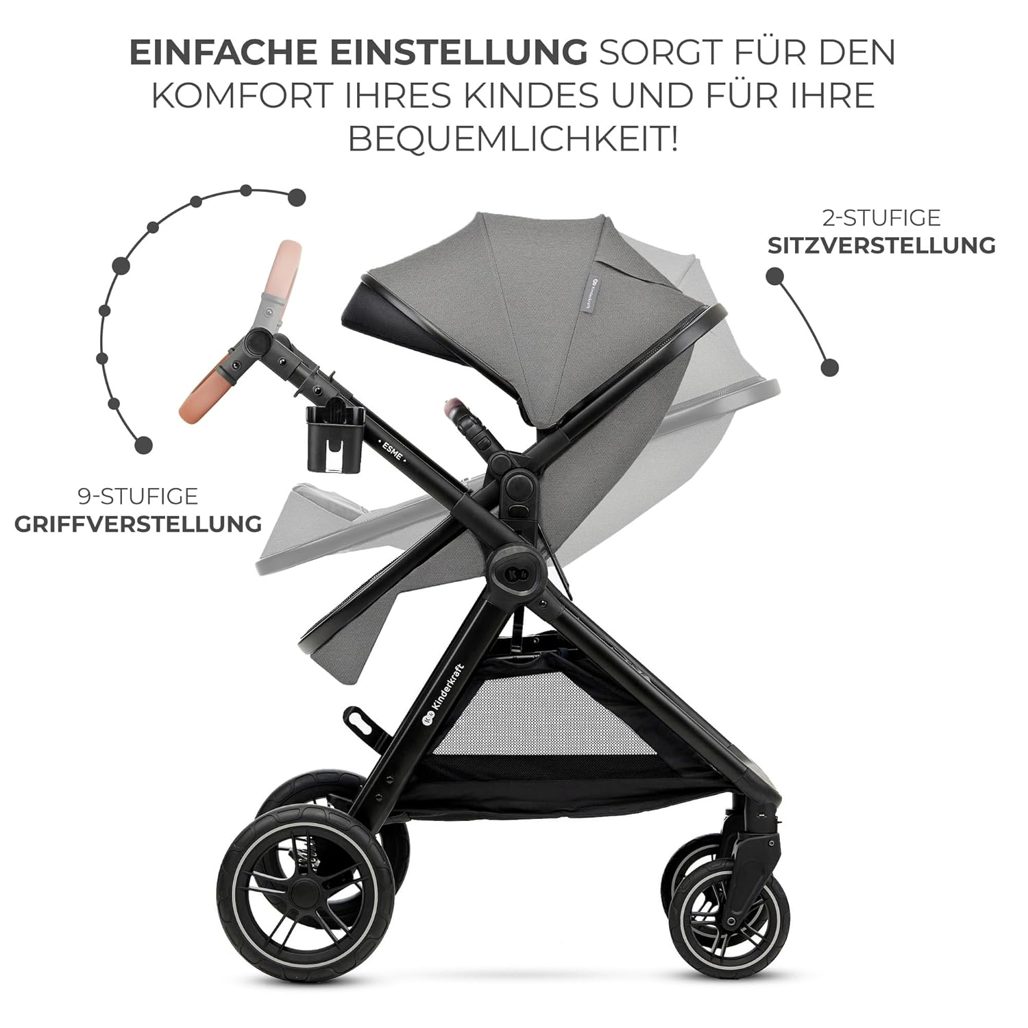 Комбинирана бебешка количка KinderKraft – ESME 3 в 1 22 кг размер 40-75 см Сива - Image 10