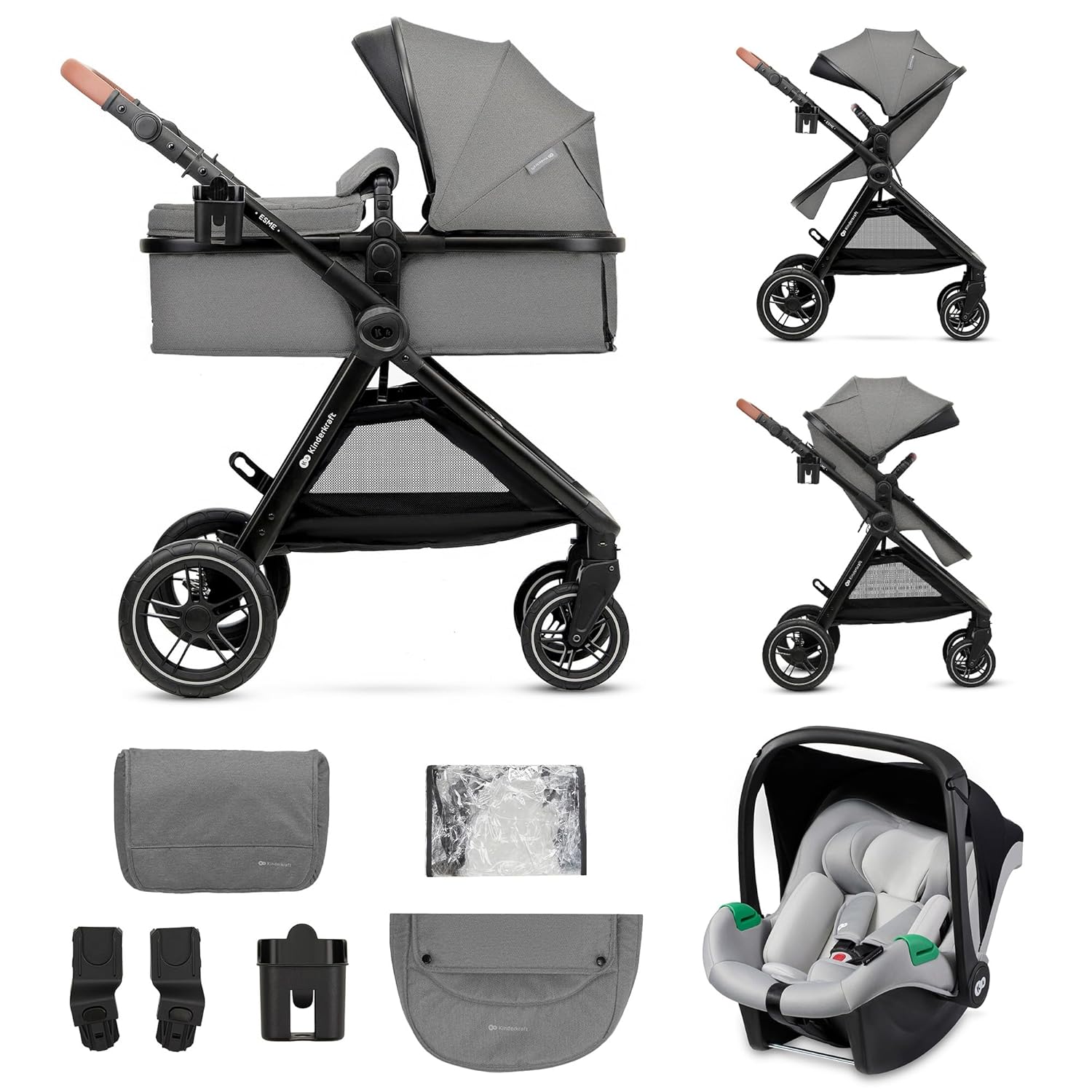Комбинирана бебешка количка KinderKraft – ESME 3 в 1 22 кг размер 40-75 см Сива