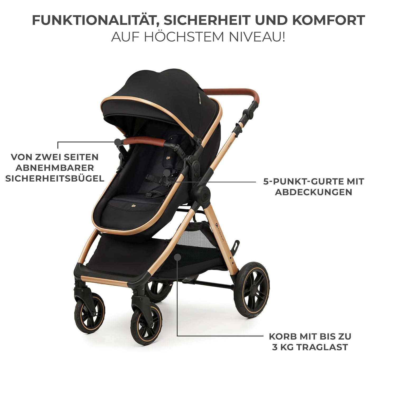 Комбинирана бебешка количка KinderKraft – ESME 3 в 1 22 кг размер 40-75 см Черна - Image 11