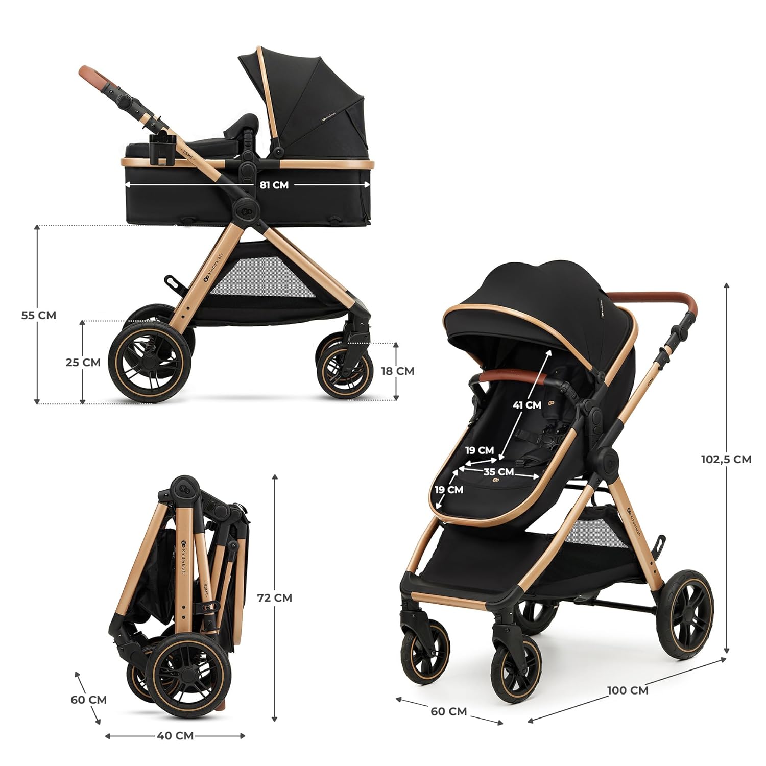 Комбинирана бебешка количка KinderKraft – ESME 3 в 1 22 кг размер 40-75 см Черна - Image 3