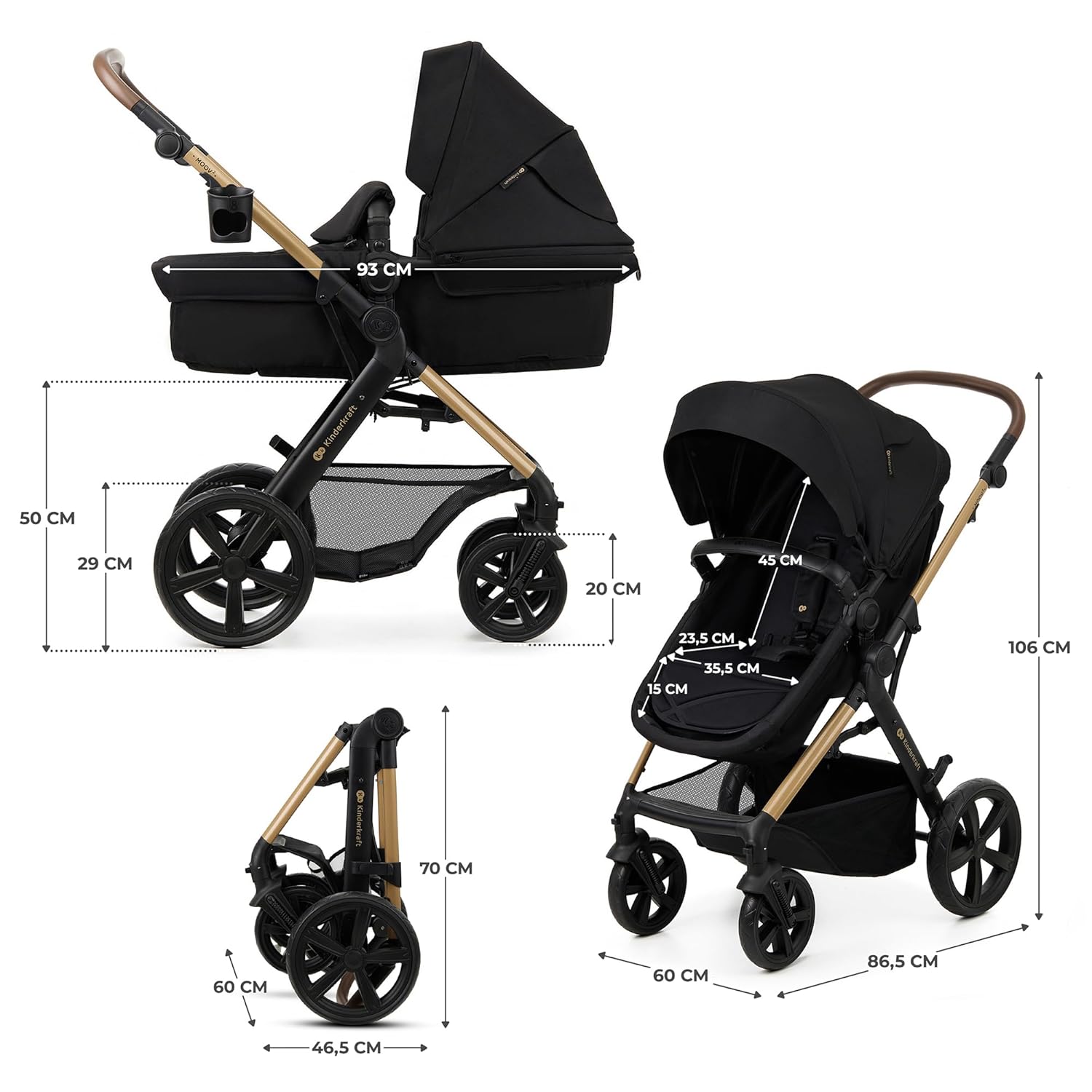 Комбинирана бебешка количка KinderKraft – MOOV2 Pushchair 3 в 1 26 кг размер 40-75 см Черна - Image 3