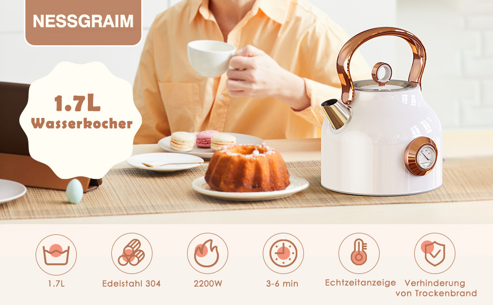 Електрическа кана NESSGRAIM Retro Kettle 1.7 L Stainless Steel 2200W White - Image 8